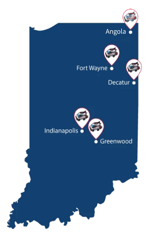 A map of Indiana indicating service in Fort Wayne, Decatur, Indianapolis, and Greenwood