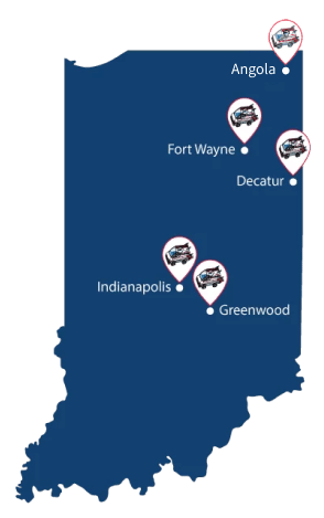 A map of Indiana indicating service in Fort Wayne, Decatur, Indianapolis, and Greenwood