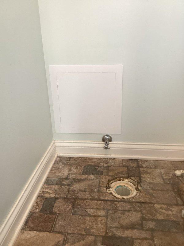 Assessed plumbing configuration for hot tub hose bib installation and determined optimal placement on wall behind toilet. Proposed installation plan involving cutting access hole in drywall to tie new hose bib into existing toilet supply line. Recommended and sold installation of dedicated service valve to allow seasonal isolation of hose bib during winter months to prevent freeze damage. Access panel specified to provide permanent covered opening for future maintenance while maintaining clean finished appearance. Work scheduled for completion by plumbing technician with materials to be ordered.