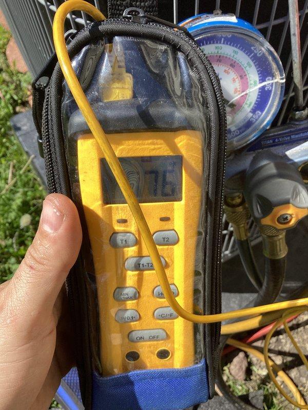 Performed seasonal AC start-up and fine-tuning service on outdoor condensing unit. Conducted system diagnostics including refrigerant pressure checks and temperature differential measurements, verifying proper operating parameters with ambient temperature at 75-76°F. All components inspected and confirmed operational for cooling season.