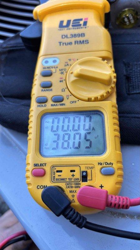 Completed final prepaid cooling maintenance visit for system one of two units. Performed standard preventive maintenance inspection and testing procedures. Utilized digital multimeter to verify electrical parameters and measure capacitor performance, confirming proper capacitance values and system operation within manufacturer specifications. All components found operating normally with no deficiencies noted.