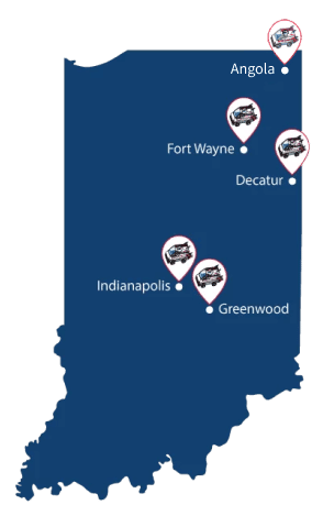 A map of Indiana indicating service in Fort Wayne, Decatur, Indianapolis, and Greenwood