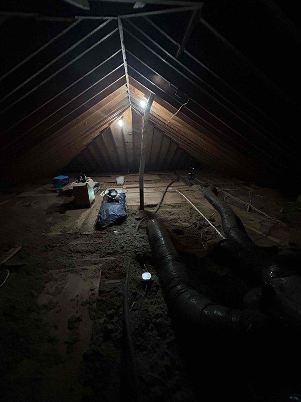 Conducted on-site assessment of existing heat pump system for replacement estimate. Inspected attic installation area, documenting current HVAC ductwork configuration and existing black flexible duct runs. Evaluated structural access points, clearances, and attic space conditions to determine equipment replacement requirements and installation feasibility. Provided comprehensive replacement estimate for new heat pump system.